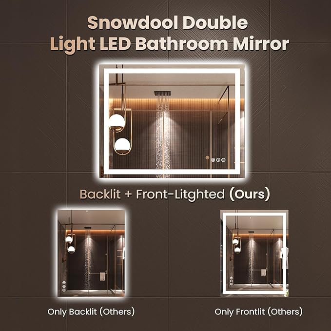 Snowdool 28"X36" LED Bathroom Mirror with Front Lights and Backlit, Anti-Fog, Dimmable, Shatter-Proof Tempered Glass, Lighted Bathroom Vanity Mirror for Wall with 3 Colors, Memory Function