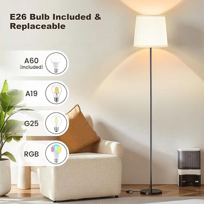SIBRILLE Floor Lamp with Pleated Shade, 62" LED Dimmable Standing Lamp with Foot Switch, Color Options, 9W E26 Bulb Included, Modern Reading Light for Living Room Bedroom Office Corner, Black