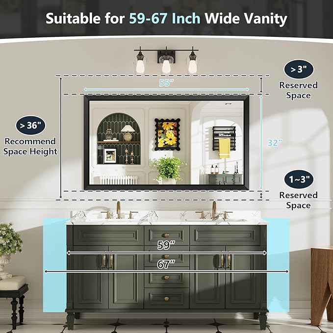 55x32 Inch Black Bathroom Mirror for Wall, Beveled Framed Rectangle Bathroom Vanity Mirrors for Over Sink, Bedroom, Living Room, Entryway, Anti-Rust, HD Tempered Glass, Horizontally/Vertically