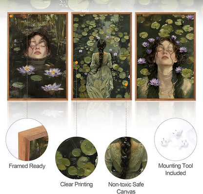 Aurlan Ophelia in the Lake Dark Academia Framed Wall Art(16"x24"), 3PCS Moody Boho Victorian Water Llily Foral Canvas Artwork, Classic Romantic Gothic Modern Cottagecore Decor for Home Office Bedroom