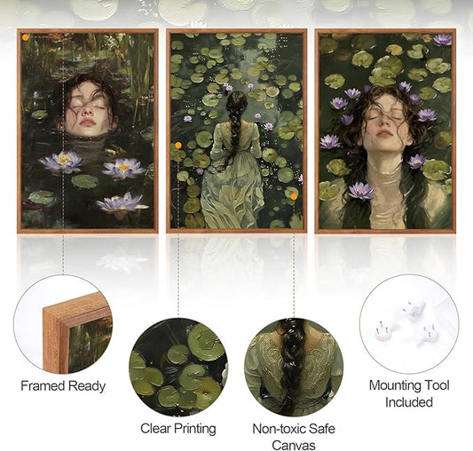 Aurlan Ophelia in the Lake Dark Academia Framed Wall Art(16"x24"), 3PCS Moody Boho Victorian Water Llily Foral Canvas Artwork, Classic Romantic Gothic Modern Cottagecore Decor for Home Office Bedroom