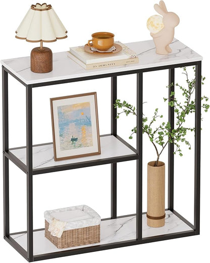 WOHOMO Console Table, 12 Inch Narrow Entryway Table for Living Room, 31.5 Inch Modern Industrial Sofa Table with 3-Tier Storage Shelves for Corridor, Hallway, White Marble