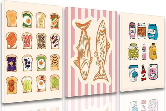 Cute Funny Kitchen Wall Art Set of 3, Fashion Breakfast Food Avocado Toast Canvas Prints Poster, Vintage Simple Sardines Watercolor Picture for Dining Room Kids Room Wall Decor 12x16 Inch Framed