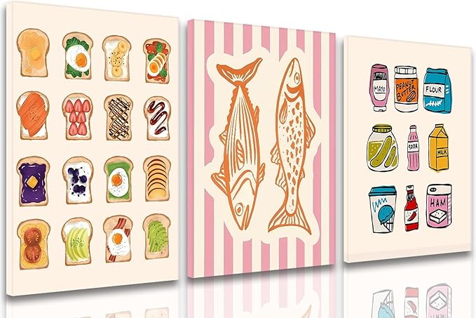 Cute Funny Kitchen Wall Art Set of 3, Fashion Breakfast Food Avocado Toast Canvas Prints Poster, Vintage Simple Sardines Watercolor Picture for Dining Room Kids Room Wall Decor 16x24 Inch Framed