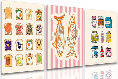 Cute Funny Kitchen Wall Art Set of 3, Fashion Breakfast Food Avocado Toast Canvas Prints Poster, Vintage Simple Sardines Watercolor Picture for Dining Room Kids Room Wall Decor 16x24 Inch Framed
