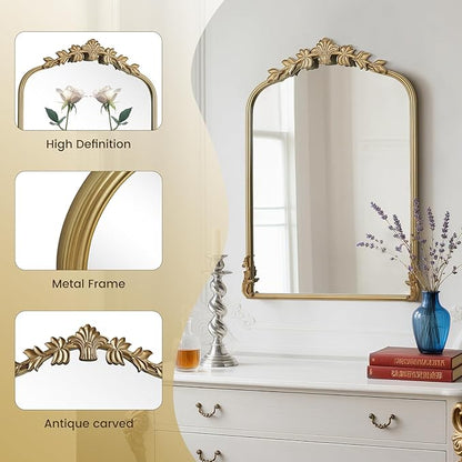 WallBeyond Gold Antique Mirror for Vanity 22x30 Inch, Gold Vintage Mirror with Ornate Frame, Arched Vintage Wall for Bathroom, Living Room, Fireplace
