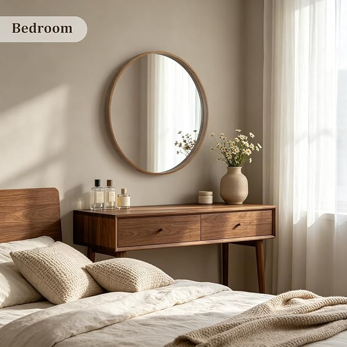 HOMECOOKIN Round Wood Mirror 28 inch Circle Mirror, Rustic Farmhouse Wooden Framed Decorative Wall Decor, Vanity Wall Mirror for Bathroom, Bedroom, Entryway, Living Room (Walnut)
