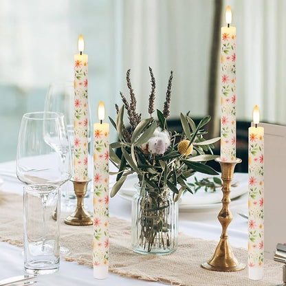 Flickering Flameless Taper Candles with Remote and Timer, 4 Pack Real Wax Battery Operated LED Taper Candles 3D Wick Yellow Flower Decal Dinner Wedding Spring Home Decor(0.75" D x 9.65" H)