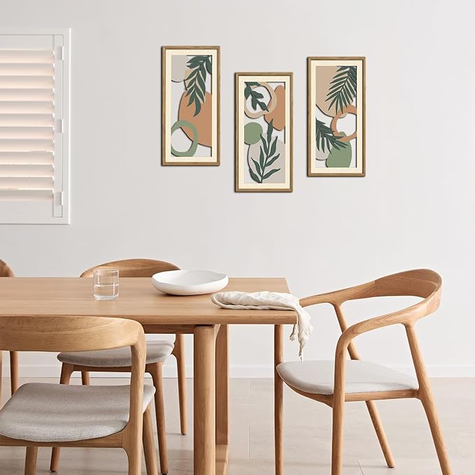 IARTTOP Sage Green Bedroom Wall Art Framed Set of 3 Boho Aesthetic Wood Wall Decor Neutral Botanical Abstract Artwork for Living Room Bedroom Office 7.9 x15.8 Inch