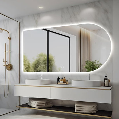 Arched LED Bathroom Mirror, 55"x28" Arch Framless Backlit Mirror with Lights Vanity Mirror for Makeup, Anti-Fog, Dimmable, 3-Color, Memory Function, IP65 Waterproof, UL Listed, Horizontal-Left