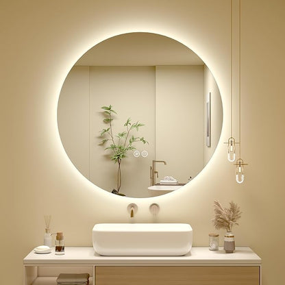 SMIROR Round Led Lighted Bathroom Mirror for Wall 28", Backlit Circle Vanity Mirror with Lights, Anti-Fog, 3 Colors, Dimmable, Memory, Shatterproof
