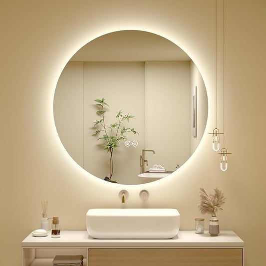 SMIROR Round Led Lighted Bathroom Mirror for Wall 28", Backlit Circle Vanity Mirror with Lights, Anti-Fog, 3 Colors, Dimmable, Memory, Shatterproof