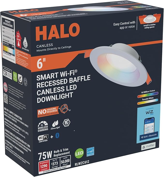 HALO 6 inch Smart Wi-Fi Recessed Canless LED Downlight 4-Pack, Connected by WiZ Pro with SpaceSense Motion Detection, Tunable White, 16M+ Colors WiZ App Control, Wet Rated, Dimmable - RLWZC612-4PK