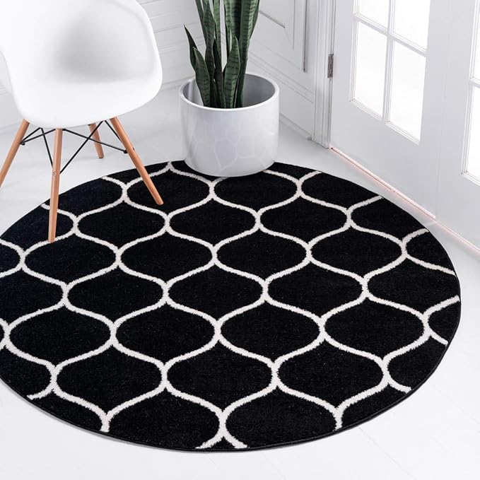 Unique Loom Trellis Frieze Collection Area Rug - Rounded (4' 1" Round, Black/ Ivory)