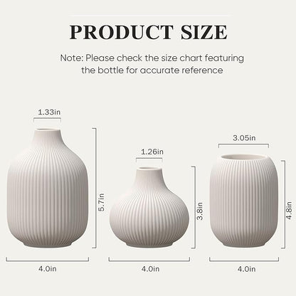 White Small Ceramic Vases Set of 3, Matte Vertical Ribbed, Minimalist for Pampas Dried & Fresh Flowers, Centerpiece for Living Room, Shelf, Entryway,Wedding,Office