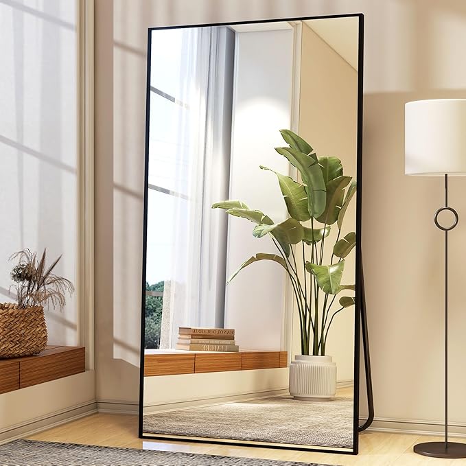 Easly 34"x76" Full Length Mirror with Stand, Large Rectangular Floor Mirror for Bedroom, Living Room or Closet, Wall-Mounted or Freestanding, Black Aluminum Alloy Frame