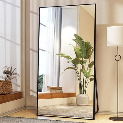 Easly 34"x76" Full Length Mirror with Stand, Large Rectangular Floor Mirror for Bedroom, Living Room or Closet, Wall-Mounted or Freestanding, Black Aluminum Alloy Frame