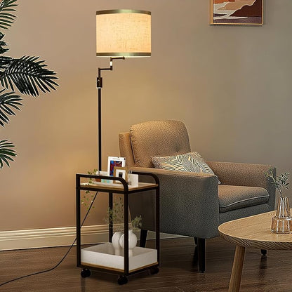 Lightdot 63IN Floor Lamps withTable&Basket, Modern Standing Tall Lamps with Adjustable Fabric Shade and Movable Casters, End Table Lamp for Living Room/Sofa Beside/Corner Decor-Black(Bulb Included)