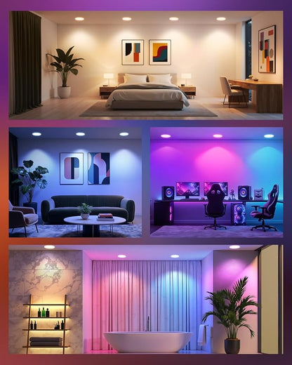 Smart Recessed Lighting 6 Inch, Color Changing Canless Ceiling Lights with Junction Box, 1500 Lumen Wafer Downlight RGB Dimmable with APP, Alexa, Siri, Google Assistant, 1 Pack