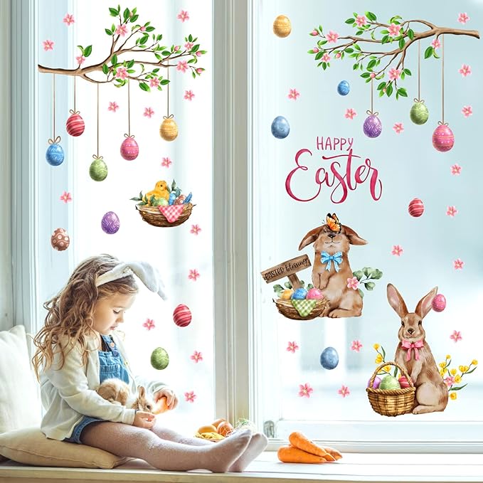 Happy Easter Wall Stickers Bunny Decals for Wall Decroation Easter Eggs Tree Branch Wall Decal Peel and Stick Easters Window Decals Spring Rabbit Sticker for Living Room Bedroom Nusery Supplies