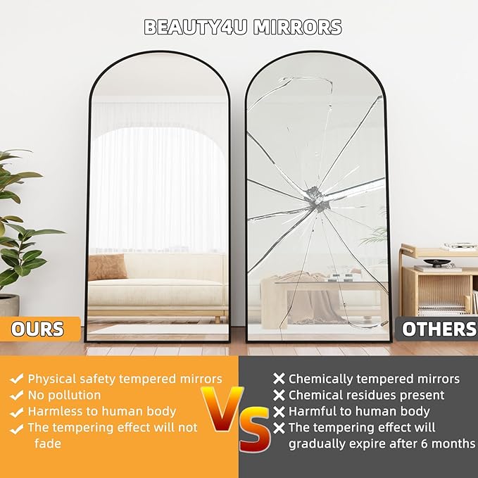 Beauty4U 79" x 39" Large Arched Full Length Mirror with Stand, Metal Frame Black Wall Mounting Full Body Tempered Mirror for Living Room, Bedroom