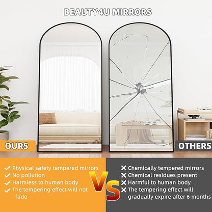 Beauty4U 79" x 39" Large Arched Full Length Mirror with Stand, Metal Frame Black Wall Mounting Full Body Tempered Mirror for Living Room, Bedroom