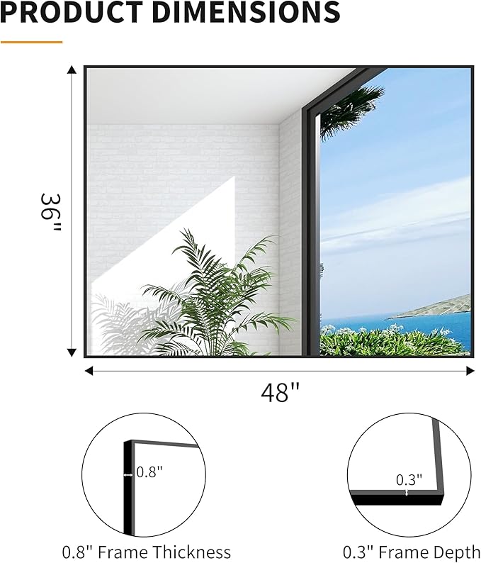 KOCUUY Black Mirror, 48"x36" Rectangle Bathroom Mirror for Over Sink, HD Tempered Glass, Anti-Rust Frame, Modern Design for Bathroom, Bedroom, Living Room, Entryway, Hang Horizontal/Vertical