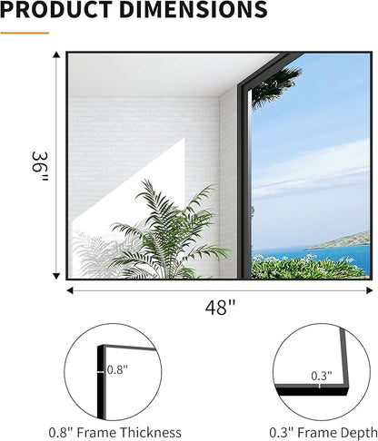 KOCUUY Black Mirror, 48"x36" Rectangle Bathroom Mirror for Over Sink, HD Tempered Glass, Anti-Rust Frame, Modern Design for Bathroom, Bedroom, Living Room, Entryway, Hang Horizontal/Vertical