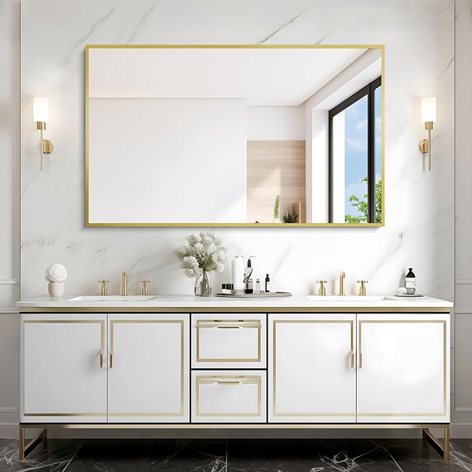 COFENY Gold Bathroom Mirror for Wall, 30x48 Inch Rectangle Mirrors with Metal Frame, Modern Vanity Wall Mirror Decor for Bathroom Living Room, Entryway Hangs Horizontal or Vertical