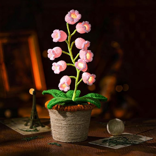Lily of The Valley Lamp, Pink Crochet Artificial Flowers with Night Lights, Cordless Table Lamp -Birthday Gifts for Women,Cozy Home Decor Mothers Day Gifts