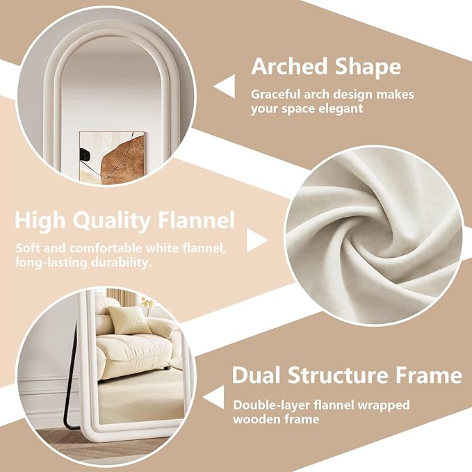 Flannel Full Length Mirror 63"x24", Arched Mirrors Full Length with Stand, Flannel Floor Mirror for Bedroom and Living Room, Full Body Mirror Hanging or Leaning, White