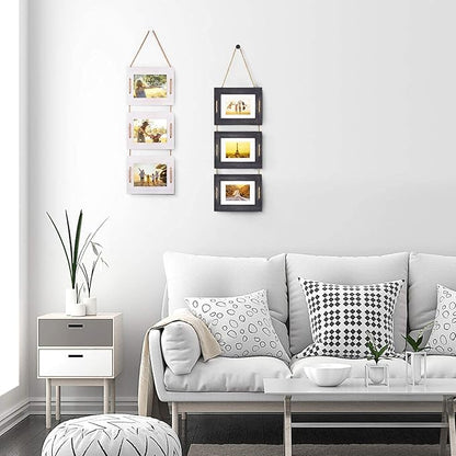 DLQuarts 5x7 Hanging Picture Frames Collage Wall Decor, 3-Frame Set, 3.5x5 with Mat or 5x7 Without Mat, Rustic Solid Wood Photo Frame Pack of 2 Vintage White