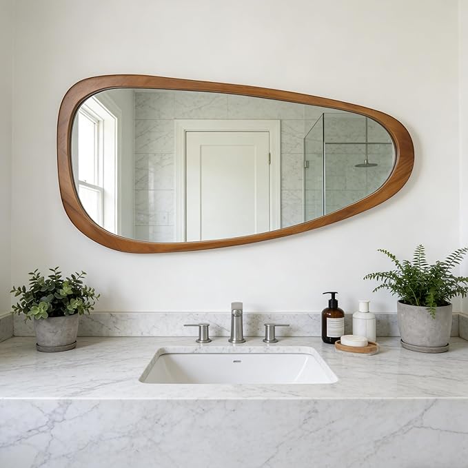 Ruomeng Full Length Irregular Wall Mirror, 48 x 22 Inch Wooden Mirror, Boho Large Decorative Asymmetrical Mirror for Bathroom, Living Room, Bedroom, Entryway, Farmhouse, Tempered Glass, Shatterproof