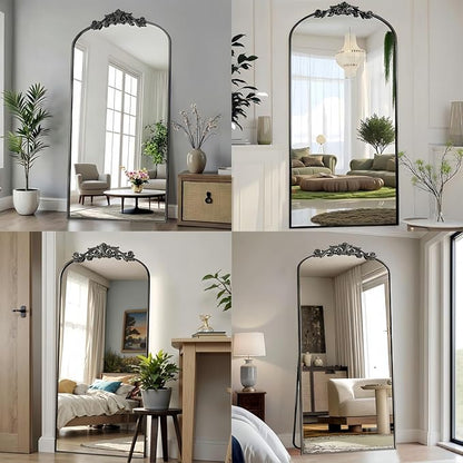 Dewfig Arched Full Length Mirror, 71"x32" Full Body Mirrors with Carved, Floor Mirror for HomeDecor, Standing/Halling Large Wall Mirror for Bedroom, Living Room, Cloakroom, Black, Retro Style