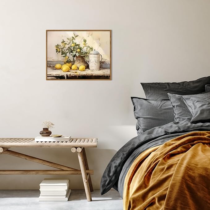Vintage Kitchen Wall Art, Yellow Lemon Still Life Wall Decor Paintings, Rustic Farmhouse Artwork Canvas Posters Prints Pictures for Living Room Bedroom Home Decor 12x16 Inch Floating Framed