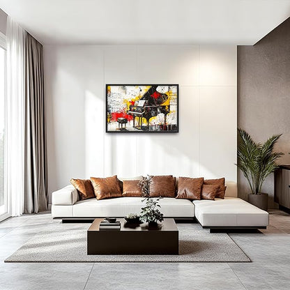 Banksy Piano Large Wall Art for Living Room Abstract Graffiti Music Framed Canvas Decor Musical Notes Prints Painting Pictures Extra Large Vintage Colorful Artwork for Bedroom Classroom Office 24"x36"