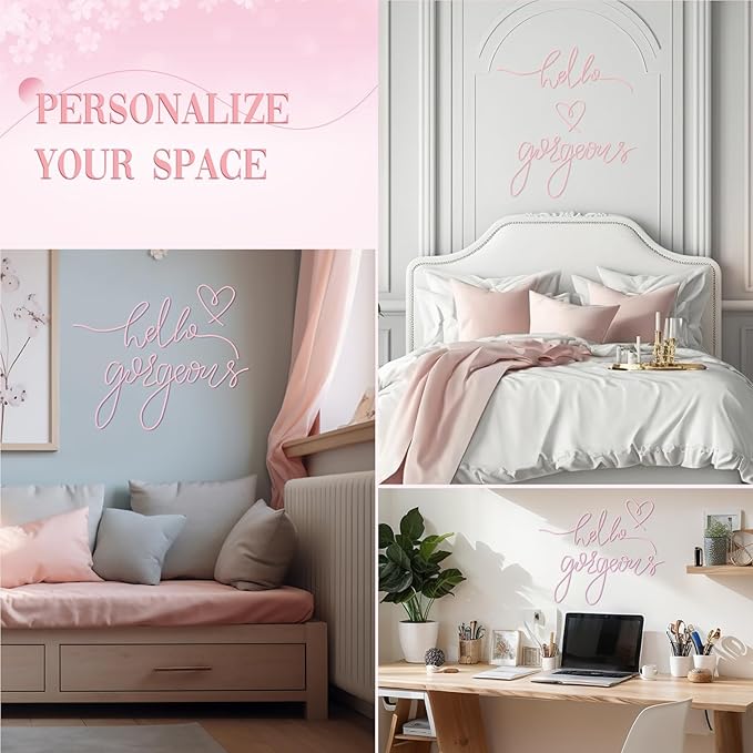 Hicarer Metal Hello Gorgeous Wall Art Minimalist Decor for Bedroom Bathroom Living Room Dressing Room Salon Office Home Decorations Easy to Install Wall Decor(Light Pink,Classic Style)