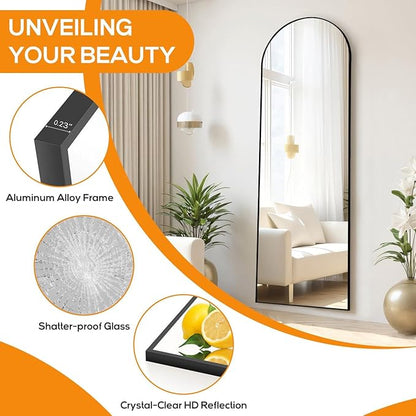 Arched Full Length Floor Mirror, 15.75"x59" Full Body Standing Mirrors with Shatter-Proof Glass, Floor or Wall Mount, Hanging or Leaning, Aluminum Alloy Frame for Home Decor, Black