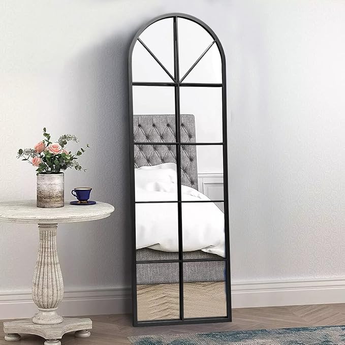 65×22" Arched Window Finished Full Length Mirror, Wall Mirror with Metal Frame, Home Decor Windowpane Mirror, Wall Mounted or Leaning, No Stand - Black