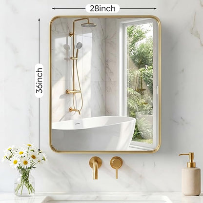 NEWBULIG 28X36 Inch Bathroom Mirror for Over Sink, Wall Vanity Mirrors Tempered Glass, Anti-Rust Metal Framed Rounded Rectangle, Hangs Horizontally or Vertically, Farmhouse Home Decor, Gold