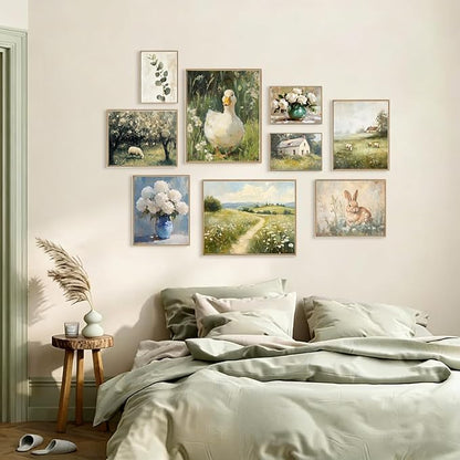 KBKBART 9pcs French Decor For Home - Country French Wall Art Posters, Easter Bunny Goose Pictures,Vintage Art Gallery Wall Prints Landscape Painting For Bedroom Decor(Unframed)