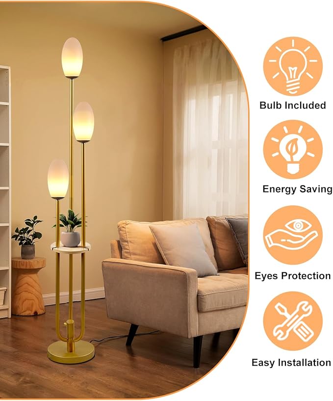 Gold Dimmable Floor Lamp with Table, UniqueTall Standing Lamps with 3000K G9 Bulbs for Reading, Mid Century Modern Floor Lamp with 5Lbs Heavy Base for Living Room Bedroom Office