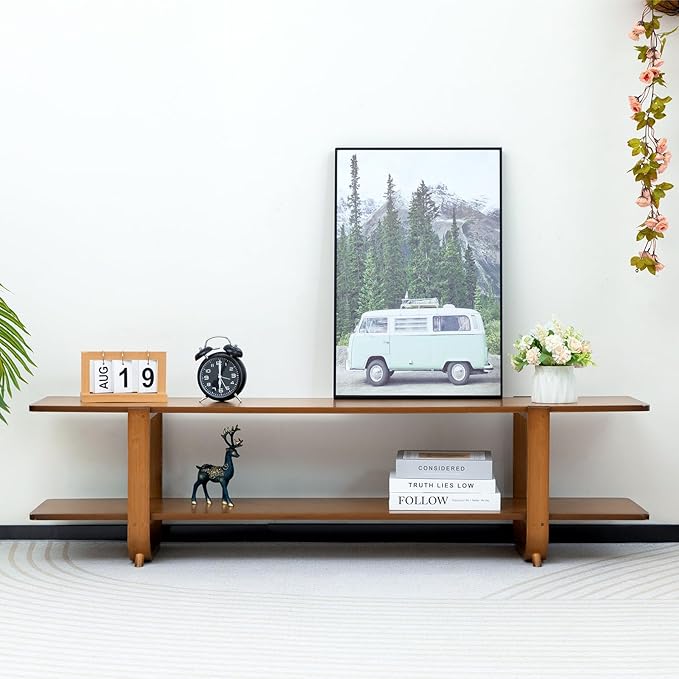 HollyHOME Bamboo TV Stand with Storage for TVs up to 65'', Modern Entertainment Center with 2 Open Shelf, Accent TV Media Console Table for Living Room, Bedroom, 55"(L), Walnut