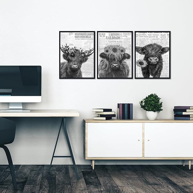 Retro Funny Cow 3 Piece Canvas Wall Art Vintage Newspaper Hairy Cow Poster Rustic Farmhouse Floral Animal Framed Wall Decor for Kitchen Bedroom Country House Decor Easy to Hand 12x16inchx3pcs