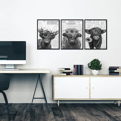 Retro Funny Cow 3 Piece Canvas Wall Art Vintage Newspaper Hairy Cow Poster Rustic Farmhouse Floral Animal Framed Wall Decor for Kitchen Bedroom Country House Decor Easy to Hand 12x16inchx3pcs