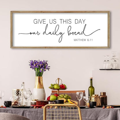 FZMHASLWW Dining Room Wall Decor Bible Verse Give Us This Day Our Daily Bread Christian Sign Plaque 32"×12" Matthew 6:11 for Farmhouse Kitchen Large Rustic Vintage Horizontal Wall Hanging Art (Wood)
