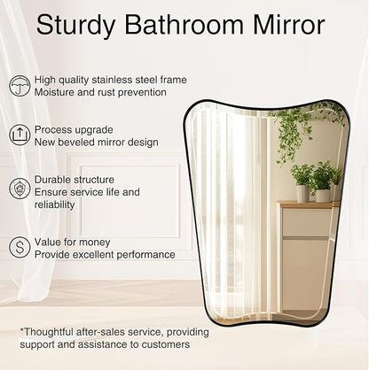 POZINO Irregular Beveled Mirror, 24"x40" Bathroom Vanity Mirrors for Over Sink, Butterfly Shape Aesthetic Mirrors Decorative, Matte Black Modern Wall Mirror for Living Room Bedroom Fireplace Entryway