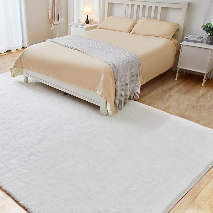 Puremy 6x9 White Area Rugs for Living Room, Fluffy Shaggy Rug for Bedroom, Anti-Skid High Pile Indoor Carpet for Nursery, Kids Room, Bedside, Home Decor