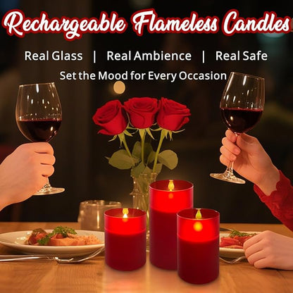 LEDHOLYT Rechargeable Flameless Candle, Flickering LED Pillar Glass Fake Candle with Remote and Timer, Built-in Battery Real Wax Electronic Candle for Room Decoration, Set of 3