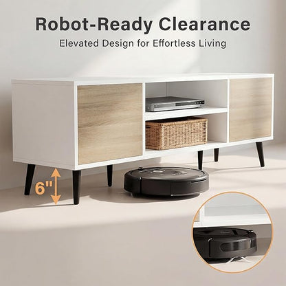 YESHOMY Mid-Century Modern TV Stand for 55-65 Inch TVs, 58 Inch Entertainment Center with Storage, Media Console with Push-to-Open Doors and Cable Management for Living Room, Bedroom(White and Beige)